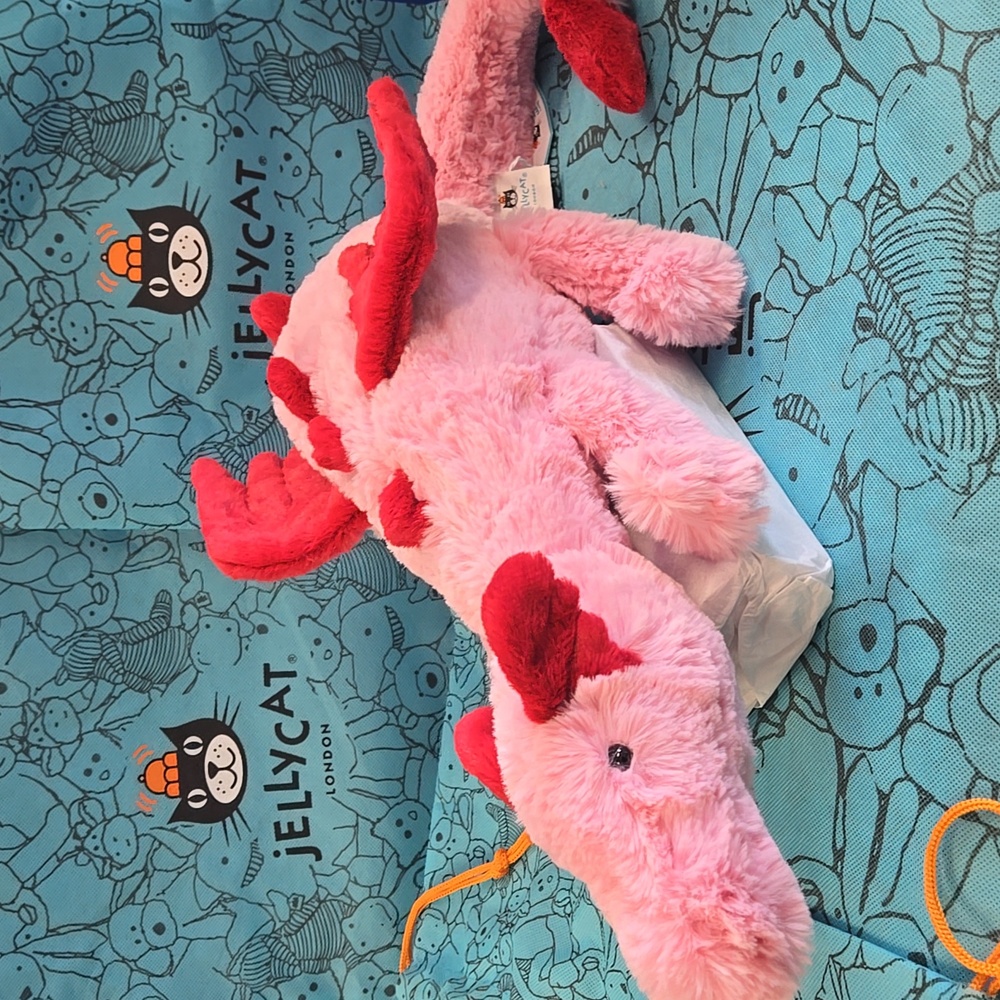 NWT Jellycat 'Heart' Dragon, Your Choice Of Dust Bag,NEW or OLD Version